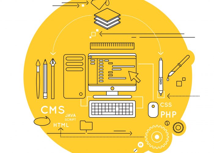 Web design line composition with computer and tools necessary to designer at work vector illustration